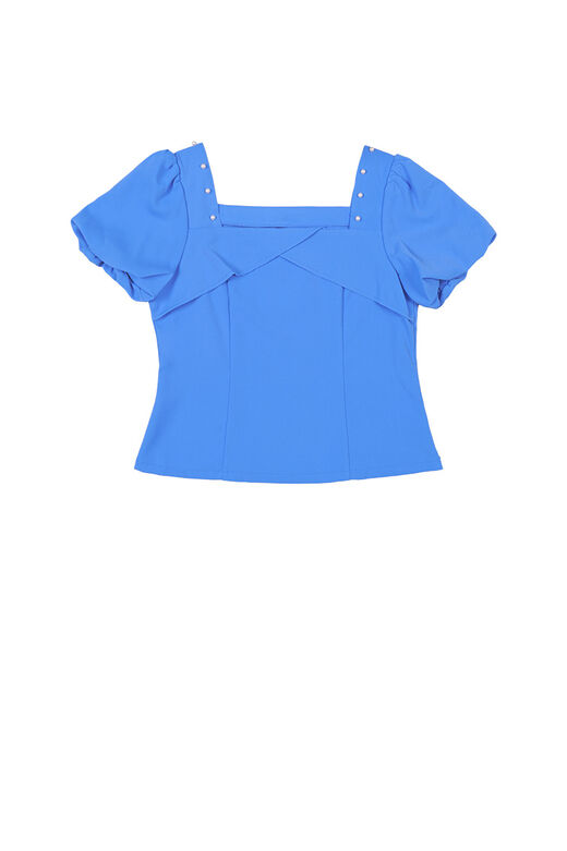 Dual Side Pearl Details Square Neck Puff Sleeve Frill Top (Blue)